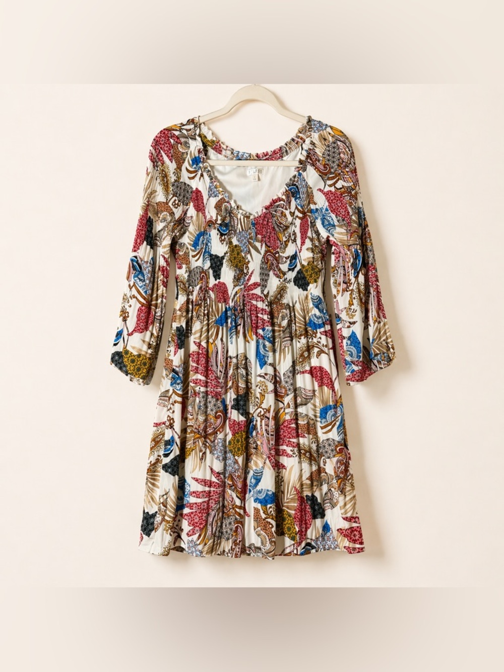Spense Boho Fairy Paisley Patchwork Peasant Mini Dress Size 8 Flowy Bell Sleeve